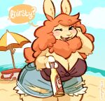 2026 alpaca anthro beach big_breasts blush bottomwear breasts camelid cleavage clothed clothed_anthro clothed_female clothing cloud denim denim_bottomwear denim_clothing denim_shorts detailed_background dialogue english_text female female_anthro fur hair hi_res hoof_hands looking_at_viewer mammal offering_beverage one_eye_closed orange_hair outside parasol puppeypawbs sarah_(irri) seaside shorts solo speech_bubble talking_to_viewer tan_body tan_fur text torn_bottomwear torn_clothing torn_shorts wide_hips