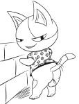 against_surface against_wall aloha_shirt animal_crossing anthro backsack balls biped bite biting_lip biting_own_lip black_and_white black_eyes bob_(animal_crossing) bottomless bottomless_anthro bottomless_male butt chibi clothed clothed_anthro clothed_male clothing domestic_cat featureless_hands feet felid feline felis genitals hi_res hindpaw looking_at_viewer male male_anthro mammal mincheeto monochrome motion_lines nintendo pattern_clothing pattern_shirt pattern_topwear pawpads paws pointy_ears prick_ears rear_view self_bite shirt shirt_only smile smiling_at_viewer solo standing tail tail_motion tailwag teeth toes topwear topwear_only