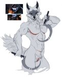  2023 andromorph anthro canid canine canis crossgender death_(puss_in_boots) dreamworks fur genitals grey_body grey_fur grin hi_res holding_object holding_weapon intersex looking_at_viewer mammal mastectomy_scar maunderfiend mta_crossgender mti_crossgender muscular muscular_andromorph muscular_anthro muscular_intersex portrait puss_in_boots_the_last_wish pussy red_eyes scar sickle smile solo three-quarter_portrait visibly_trans weapon wolf 