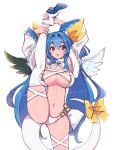  1girl :o alternate_color angel_wings ass_visible_through_thighs asymmetrical_wings balancing belt blue_hair breasts center_opening chemaru_(a8l) cleavage commission detached_collar detached_sleeves dizzy_(guilty_gear) guilty_gear guilty_gear_xrd hair_between_eyes hair_ribbon highres holding_leg large_breasts leg_up navel open_mouth panties red_eyes ribbon sidelocks simple_background skeb_commission solo split standing standing_on_one_leg standing_split tail tail_ornament tail_ribbon thigh_strap thighhighs thighs underwear white_background white_panties white_thighhighs wings yellow_ribbon 