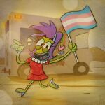 1:1 absurd_res amphibian anthro blue_lips breasts clothing commercial_vehicle delivery_(commerce) delivery_vehicle emanata eyelashes female flag flag_(object) flash_emanata food_truck footwear frog gem gesture hair hand_gesture heart_symbol hi_res high_heels holding_flag holding_object imhappsz jewelry lgbt_pride lips medium_truck multi-stop_van necklace nickelodeon open_mouth open_smile outside pearl_(gem) pearl_necklace pride_colors purple_hair purple_tongue rachel_bighead red_clothing rocko's_modern_life shoes signature smile solo tongue trans_(lore) trans_woman_(lore) transgender_pride_colors truck v_sign van vehicle