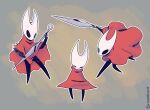 2026 2_horns ambiguous_gender arthropod biped black_body black_eyes cloak clothed clothing empty_eyes english_text female_(lore) hi_res holding_melee_weapon holding_object holding_weapon hollow_knight_(franchise) horn hornet_(hollow_knight) melee_weapon pose qweakster red_cloak red_clothing signature solo standing team_cherry text weapon