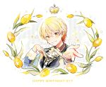  1boy bangs blonde_hair blush commentary crown fingerless_gloves flower frilled_shirt_collar frills gloves gradient_hair hair_between_eyes happy_birthday highres long_sleeves male_focus momomo_(m0_3) multicolored_hair neck_ribbon orange_eyes project_sekai ribbon short_hair smile solo star_(symbol) striped teeth tenma_tsukasa vertical_stripes yellow_flower 