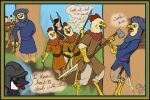 2026 3:2 anatid anseriform anserine anthro armor avian axe beak belt bird blue_border border bottomwear brown_eyes building canada_goose caught chicken clothing english_description evil_grin feathers female galliform gambeson goose group hands_out headgear headwear helmet hi_res holding_object hood horn house humanoid male medieval_clothing melee_weapon open_beak open_mouth outside pants phasianid polearm religious_clothing religious_headwear scared scuted_arms scuted_legs scutes signature smile spear spying threatening threatening_with_weapon tiefling trustleka_(tzair) turban tzair_(artist) weapon white_body white_feathers worried