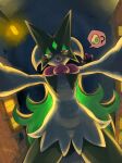 2026 absurd_res ambiguous_gender anthro blush blush_lines egg fangs felid flower_(anatomy) fur generation_9_pokemon green_body green_fur hi_res impregnation_request jagged_mouth looking_at_viewer mammal mask meowscarada nintendo open_mouth parabellux pictographics pink_eyes pink_nose pokemon pokemon_(species) pokemon_egg solo teeth