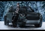  1girl absurdres black_dress boots brown_eyes brown_hair car closed_mouth commission dress ground_vehicle highres knee_boots looking_at_viewer motor_vehicle nougat_(73r1r1) on_vehicle original outdoors range_rover range_rover_defender_90 sitting smile snow solo thighhighs tree vehicle_focus 