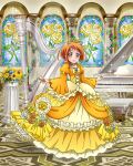  1girl bangs bow dress frilled_dress frills harp highres instrument long_dress long_hair official_art orange_dress orange_eyes orange_hair piano precure precure_connection_puzzlun shirabe_ako smile solo suite_precure third-party_source tiara white_bow wide_sleeves 