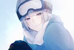  1boy 91_1tada bangs black_gloves blue_eyes blue_jacket blunt_bangs blush closed_mouth gloves goggles goggles_on_headwear hanabusa_atsukage jacket long_sleeves male_focus scarf smile solo white_background white_hair white_scarf wind_boys! winter_hat 