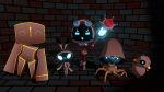 16:9 1_eye 2026 3d_(artwork) 6_legs ambiguous_gender anguish_(pinkmoth) anthro armless black_ear_tips black_hands black_sclera blue_collar blue_eyes blue_mouth brick brick_floor brick_wall clothed clothed_female clothed_humanoid clothing collar digital_media_(artwork) dipstick_ears ear_markings eyelashes eyewear eyewear_on_head female flesh_fang goggles goggles_on_head group hooded_robe humanoid imp inside jewish_mythology lagomorph leporid looking_at_viewer mammal markings multicolored_ears mythological_creature mythological_golem mythology narrowed_eyes open_mouth open_smile pinkmoth rabbit robe smile staff tan_body tan_clothing tan_ears tan_robe wall_(structure) widescreen