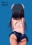  1girl ass black_hair blue_background blue_one-piece_swimsuit clothes_pull dated from_behind headgear highres i-400_(kancolle) kantai_collection kozzy.ta long_hair one-hour_drawing_challenge one-piece_swimsuit one-piece_swimsuit_pull one-piece_tan school_swimsuit signature solo swimsuit tan tanlines 