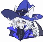 2017 ambiguous_gender anthro belt_buckle black_clothing black_topwear blue_clothing blue_hat blue_headwear blue_topwear buckle bust_portrait clothed clothed_ambiguous clothed_anthro clothing digital_drawing_(artwork) digital_media_(artwork) felid front_view fur furgonomic_hat furgonomic_headwear furgonomics hair hat headgear headwear keroreud mammal open_mouth open_smile pointy_ears portrait prick_ears pupils sharp_teeth simple_background slit_pupils smile solo teeth topwear white_background white_body white_fur white_hair white_inner_ear white_sclera wizard_hat yellow_eyes yellow_pupils