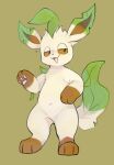 3_toes ambiguous_gender anthro brown_body brown_eyes brown_fur brown_inner_ear brown_paws brown_sclera digital_media_(artwork) dipstick_ears ear_markings eeveelution featureless_crotch feet front_view full-length_portrait fur generation_4_pokemon gloves_(marking) green_ears green_tail half-closed_eyes handpaw hi_res leaf leaf_tail leafeon leg_markings looking_at_viewer markings multicolored_ears narrowed_eyes navel nintendo open_mouth open_smile orange_eyes pawpads paws pink_pawpads pokemon pokemon_(species) portrait semi-anthro simple_background smile socks_(marking) solo standing tail tan_body tinntira toes tuft
