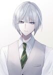  1boy 91_1tada bangs blue_eyes blunt_bangs facing_viewer green_necktie grey_vest hanabusa_atsukage highres long_sleeves looking_to_the_side male_focus necktie shirt solo striped_necktie vest white_background white_hair white_shirt wind_boys! yellow_necktie 