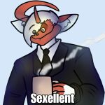 1:1 2_horns abby_(ballad) absol absurd_res accessory black_clothing black_necktie black_suit blue_background clothing collar container cosplay cup english_text eye_through_hair generation_3_pokemon generation_7_pokemon hair hair_over_eye heterochromia hi_res holding_container holding_cup holding_object horn hybrid inner_ear_fluff male meme mjinoct1 necktie nintendo pokemon pokemon_(species) red_ears red_face red_horn salazzle simple_background smile solo spy spy_(team_fortress_2) steam steaming_cup suit team_fortress_2 text translucent translucent_hair tuft valve white_collar white_hair white_inner_ear white_inner_ear_fluff white_text