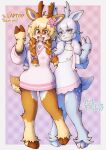 accessory acky05 anthro antlers bangs biped blonde_hair blue_body blue_fur blush bottomless bottomless_female braided_hair breasts brown_body brown_fur clothed clothing cloven_hooves colored deer digital_drawing_(artwork) digital_media_(artwork) duo female female_anthro fingers flower flower_accessory flower_in_hair front_view fur hair hair_accessory hi_res hooved_fingers hooves horn kemono long_hair looking_at_viewer mammal markings multicolored_body multicolored_fur open_mouth open_smile pattern_background pink_clothing plant ribbons shaded simple_background smile spots standing tail topwear translucent translucent_hair tuft unguligrade white_body white_clothing white_fur white_hair white_spots