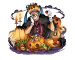  1boy blue_hair buggy_the_clown candle candy fire food gloves grin halloween halloween_costume official_art one_piece one_piece_treasure_cruise pumpkin red_nose smile teeth white_gloves 