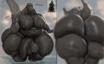 2026 5_fingers anthro balls big_balls big_butt big_moobs big_nipples big_penis black_body black_scales butt digital_drawing_(artwork) digital_media_(artwork) embarrassed english_description fingers genitals gesture godzilla godzilla_(series) hi_res hohohonse huge_butt huge_penis humanoid_genitalia humanoid_penis kaiju lizard macro male moobs moon navel nipples overweight overweight_anthro overweight_male partially_submerged penis reference_image reptile scales scalie sharp_teeth solo tail teeth text thick_thighs toho waving
