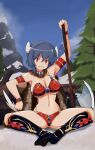  1girl absurdres arm_rest arm_up armlet armor axe bikini_armor blue_hair bracelet breasts cape cleavage cosplay cow_horns cow_tail day english_commentary full_body fur_cape greaves grin highres holding holding_axe horns jashin-chan_dropkick jewelry kahm knees_apart_feet_together large_breasts log looking_at_viewer minos_(jashin-chan_dropkick) minos_drawfag mountainous_horizon navel outdoors outlanders red_armor red_eyes short_hair sitting smile snow solo spread_legs tail tree 