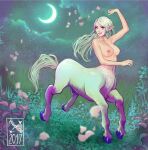 2017 5_fingers areola blue_eyes breasts casual_nudity centaur cloud collarbone crescent_moon dated equid equid_taur european_mythology eyebrows female female_taur fingers fur grass greek_mythology hair hooves humanoid_pointy_ears humanoid_taur iris light_body light_skin long_hair mammal mammal_taur medium_breasts moon mykso mythology nature nipples nude nude_female nude_taur outside plant pointy_ears pupils quadruped signature sky solo star tail taur