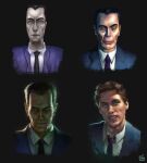  2boys absurdres alternate_form artist_name black_necktie blue_suit brush_stroke collared_shirt dress_shirt evil_smile formal g-man green_eyes hairline half-life half-life:_alyx half-life_2 head_tilt highres jerma985 jerma985_(person) justsomenoob looking_at_viewer low_poly multiple_boys multiple_persona multiple_style_parody multiple_views necktie official_style old old_man parody portrait purple_necktie real_life realistic shirt signature smile style_parody suit upper_body white_shirt wrinkled_skin 