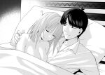  1boy 1girl after_sex arm_around_shoulder bangs bare_shoulders bed black_eyes black_hair blunt_bangs breasts cleavage closed_eyes closed_mouth collarbone commentary couple eyelashes fingernails go-toubun_no_hanayome head_on_pillow highres hug kosmos_beta large_breasts looking_at_another medium_hair monochrome nakano_nino no_headwear nose nude parted_bangs short_hair smile uesugi_fuutarou under_covers 