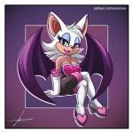  2020 anthro bare_shoulders bat boots breasts cleavage clothed clothing eyeshadow female footwear fur gloves handwear makeup mammal narrowed_eyes open_mouth rouge_the_bat sega simple_background sitting solo sonic_the_hedgehog_(series) soronous tan_body tan_skin text url white_body white_fur wings 