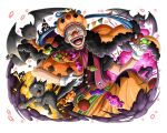  1boy animal black_cat blue_hair buggy_the_clown candy cat food gloves halloween halloween_costume long_hair official_art one_piece one_piece_treasure_cruise open_mouth teeth white_gloves 