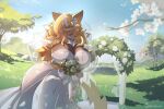 absurd_res accessory anthro arch artist_logo artist_name aurora_(nbanoob) avian big_breasts bird blue_eyes blue_flower bouquet breasts brown_body brown_fur chest_tuft cleavage clothed clothing detailed_background dress felid female feretto_chan field flower flower_in_hair fur generation_7_pokemon grass hair hair_accessory hi_res holding_flower holding_object huge_breasts landscape legendary_pokemon light logo looking_at_viewer mammal neck_accessory nintendo plant pokemon pokemon_(species) sky solo sunlight tail text tuft wedding wedding_dress wedding_veil white_clothing white_dress white_flower yellow_body yellow_fur yellow_tail zeraora