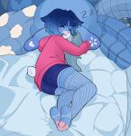 ambiguous_gender anthro bed bedding blue_body blue_fur blue_hair blue_tail bottomwear clothed clothing colored digital_drawing_(artwork) digital_media_(artwork) eyelashes eyes_closed feet floppy_ears footwear fur furniture hair hi_res holding_object holding_plushie hoodie hug hugging_object lagomorph legwear leporid luckesha lying mammal on_side open_mouth pajamas pawpads paws pillow pink_clothing pink_nose pink_pawpads plushie rabbit shaded short_hair short_tail shorts sleeping socks solo sound_effects stockings tail thigh_highs tired toes topwear vowelless vowelless_sound_effect white_body zzz
