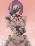  1girl armor arrow_(symbol) bangs bikini_armor blue_eyes blush breasts cleavage embarrassed gauntlets hand_over_face jun_(princess_connect!) jun_(summer)_(princess_connect!) kurushima_gire large_breasts looking_at_viewer navel official_alternate_costume parted_bangs parted_lips princess_connect! purple_hair red_background simple_background sky steam stomach sweat swimsuit wet wet_hair 
