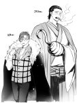  2boys :d ascot cigar coat coat_on_shoulders cosplay costume_switch crocodile_(one_piece) crocodile_(one_piece)_(cosplay) crossover earrings fate/grand_order fate_(series) feet_out_of_frame fur-trimmed_coat fur_trim glasses greyscale hair_over_one_eye hair_pulled_back hair_slicked_back hakama hand_up haori height_difference highres hook_hand itokon300 japanese_clothes jewelry kimono looking_at_viewer looking_away male_focus monochrome multiple_boys multiple_rings one_piece pants ring sash scar scar_on_face scar_on_nose shirt short_hair simple_background smile smoke smoking stitched_face stitches striped striped_vest teeth vest white_background yamanami_keisuke_(fate) yamanami_keisuke_(fate)_(cosplay) 