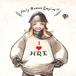  &gt;_&lt; 1girl armor baggy_clothes blush clothes_over_armor clothes_writing commentary english_commentary english_text full_armor gauntlets gothic-chan_(ironlily) helm helmet ironlily knight long_hair medieval open_mouth original plate_armor sallet solo sweater tears white_sweater 