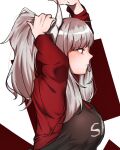  1girl apron demon_girl demon_horns grey_hair helltaker horns looking_to_the_side lucifer_(helltaker) official_alternate_hairstyle pengrani red_shirt shirt white_horns 