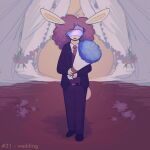 1:1 anthro bouquet clothed clothing colored curly_hair detailed_background digital_media_(artwork) flower hair hi_res holding_object hypnotic_visor lagomorph leporid male mammal mind_control morgan_(ofthestarlesssea) nonbinary_(lore) ofthestarlesssea plant rabbit ringed_eyes shaded solo suit visor wedding