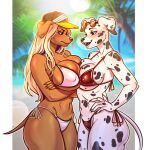 anthro beach big_breasts bikini bird_dog blonde_hair blue_eyes blush breast_size_difference breast_squish breasts breasts_frottage canid canine canis cherri_kolar cheshirkas clothed clothing crossed_arms dalmatian digital_media_(artwork) domestic_dog duo eyewear eyewear_on_head female female_anthro floppy_ears frown fur glaring_at_another hair hands_on_hips hat headgear headwear hi_res highlights_(coloring) hunting_dog kesha_valentine labrador mammal navel open_mouth open_smile outside palm_tree plant purple_highlights red_bikini red_bikini_bottom red_bikini_top red_clothing red_eyes red_swimwear retriever seaside sky smile spots squish sunglasses sunglasses_on_head swimwear tail tree two-piece_swimsuit water wearing_sunglasses white_bikini white_bikini_bottom white_bikini_top white_body white_clothing white_fur white_swimwear