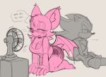 anthro back_wings bat bat_wings big_ears black_nose bodily_fluids bottomwear breasts cleavage clothed clothing dialogue duo electric_fan eulipotyphlan eyes_closed female fingernails fluffy fluffy_chest footwear glistening glistening_nose hair head_tuft hedgehog hi_res kore_eon lipstick makeup male mammal markings membrane_(anatomy) membranous_wings nails partial_speech_bubble pointed_tail pointy_ears prick_ears rouge_the_bat sega selective_coloring selective_monochrome shadow_the_hedgehog shirt short_hair shorts socks sonic_the_hedgehog_(series) sweat sweating_profusely tank_top topwear tuft wings