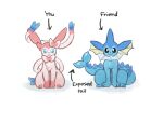  ambiguous_gender black_eyes blue_body blue_eyes canid canine eeveelution english_text feral fur generation_1_pokemon generation_6_pokemon looking_at_viewer mammal meme netchy_boo nintendo pink_body pink_fur pokemon pokemon_(species) simple_background smile sylveon text vaporeon 