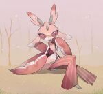  arm_support bare_tree commentary_request ebichi_(mon600n) full_body grass hand_up highres lurantis pokemon pokemon_(creature) red_eyes sideways_glance sitting solo tree 