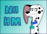 101_dalmatian_street 101_dalmatians annoyed babclayman black_body black_fur black_nose black_spots blue_collar canid canine canis collar dalmatian delilah_(101_dalmatians) disney domestic_dog female feral fur heterochromatic_ears mammal markings solo spots spotted_body spotted_fur white_body white_fur