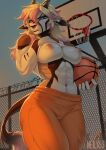 2_horns abs antelope anthro ball basketball_(ball) basketball_hoop big_breasts black_lips blonde_hair bottomwear bovid breasts clothed clothing clothing_lift ear_piercing ear_ring facial_piercing female flashing flashing_breasts flesh_tunnel front_view gauged_ear grazing_antelope hair hi_res horn lips looking_at_viewer mammal midriff muscular muscular_anthro muscular_female nelly63 nose_piercing nose_ring orange_bottomwear orange_clothing orange_pants oryx pants piercing ring_piercing septum_piercing septum_ring shirt shirt_lift solo tail topwear victoria_(wyverexad)