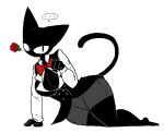 anthro big_breasts black_body black_clothing black_fur black_tail black_topwear black_vest bow_tie breasts clothing domestic_cat ellipsis felid feline felis female fingers flower flower_in_mouth fur grey_clothing grey_legwear hand_on_floor legwear looking_at_viewer mammal mouthless plant red_bow_tie rose_(flower) rose_in_mouth sabgong shirt simple_background solo tail topwear vest vingo_(sabgong) white_background white_clothing white_shirt white_topwear