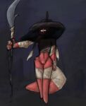 alexleviafan anthro bandage bandaged_arm bandaged_chest bandaged_leg eye_scar facial_scar female genitals guandao holding_object holding_weapon hunter_(rain_world) looking_at_viewer melee_weapon polearm rain_world red_body scar shadow_face simple_background slugcat solo tail veil veiled_hat videocult vulva weapon