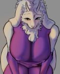 2026 2_horns anthro bare_shoulders big_breasts big_iris biped black_eyebrows black_eyes boss_monster_(undertale) bovid breasts caprine closed_smile clothed clothed_anthro clothed_female clothing digital_drawing_(artwork) digital_media_(artwork) dress eyebrows eyelashes female floppy_ears fluffy front_view fur fur_tuft goat grey_background hakuwxx head_tuft hi_res horn iris leaning leaning_forward legs_together legwear light_body light_fur long_eyelashes looking_at_viewer lop_ears mammal mature_anthro mature_female mouth_closed nipple_outline no_pupils pink_nose purple_clothing purple_dress purple_legwear purple_thigh_highs raised_eyebrow simple_background smile smiling_at_viewer snout solo standing thick_thighs thigh_highs thin_eyebrows toriel tuft undertale_(series) white_body white_ears white_fur white_horn white_sclera