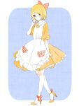  1girl ankle_bow apron blonde_hair blush bow doraemon dorami dress frown hair_bow high_heels humanization kurage-saka light_frown maid_apron orange_eyes personification red_bow short_hair solo yellow_dress 