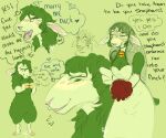 anthro bell bell_collar blep bouquet bovid buck_(kiwibank) caprine clothing collar dead_doggu dialogue dress ear_piercing ear_tag english_text female flower flower_bouquet fur green_body green_eyes green_fur green_wool hi_res hooves kiwibank mammal open_mouth piercing plant red_flower sheep solo text tongue tongue_out wedding_dress wedding_veil wool_(fur)