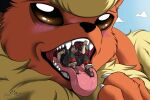ambiguous_gender biped blush bodily_fluids bottomwear brown_eyes brown_hair cheek_tuft claws clothed clothing cloud colored digital_drawing_(artwork) digital_media_(artwork) duo eeveelution extreme_size_difference facial_tuft fangs feral firerai flareon fluffy footwear fur generation_1_pokemon hair human in_mouth larger_ambiguous larger_feral macro macro_ambiguous macro_feral male mammal nintendo on_tongue open_mouth oral_vore outside pokemon pokemon_(species) pokemon_trainer quadruped red_body red_fur s2-freak saliva saliva_on_teeth saliva_on_tongue shoes simple_background size_difference smaller_human smaller_male story story_at_source story_in_description teeth toe_claws tongue tongue_out topwear tuft vore watermark yellow_body yellow_fur