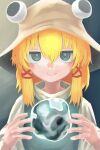  1girl absurdres bangs blonde_hair brown_headwear bubble closed_mouth green_eyes hair_between_eyes highres jitome looking_at_viewer moriya_suwako neritch ringed_eyes short_hair sidelocks smile solo straight-on touhou upper_body 