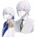  1boy 91_1tada bangs blue_eyes blue_ribbon blunt_bangs collared_shirt epaulettes facing_to_the_side green_necktie grey_vest hair_ribbon hanabusa_atsukage highres looking_at_viewer low_ponytail male_focus necktie ribbon shirt short_ponytail sketch solo vest white_background white_hair wind_boys! 