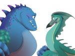 2026 4:3 anthro back_spikes beak blue_body blue_flower blush bouquet chainsxwsmile countershade_torso countershading dated disney eye_contact eyelashes fan_character female fin flower glistening glistening_eyes green_flower head_fin hi_res looking_at_another male monster monsters_inc pete_ward pixar plant purple_eyes romantic signature simple_background spikes spikes_(anatomy) spotted_back underbite yellow_eyes