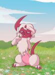 1_horn 2018 absol aphrodite_the_absol black_nose chest_tuft claws day eyebrows female feral flower forehead_gem front_view fuf fur gem generation_3_pokemon genitals hi_res holding_flower holding_object horn looking_at_flower looking_at_object looking_at_plant nintendo open_mouth outside plant pokemon pokemon_(species) semi-anthro solo tongue tuft vulva white_body white_fur